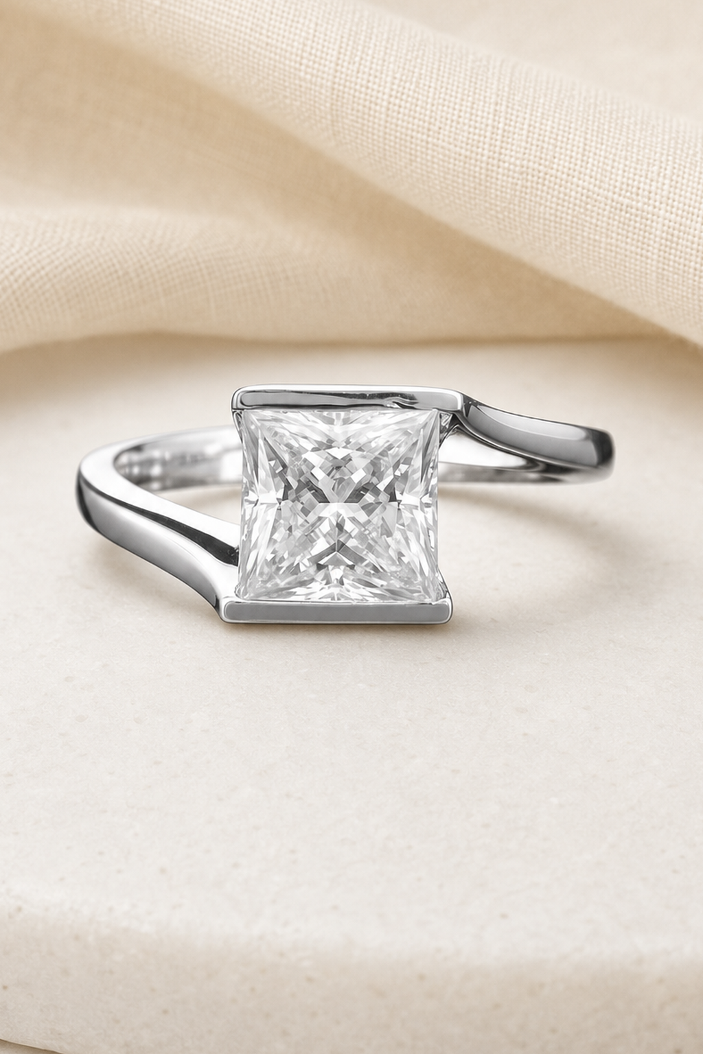 Impimo 1/2 CT Moissanite Princess Cut Ring - 925 Sterling Silver with 18K White Gold Plating | close-up detail of the setting