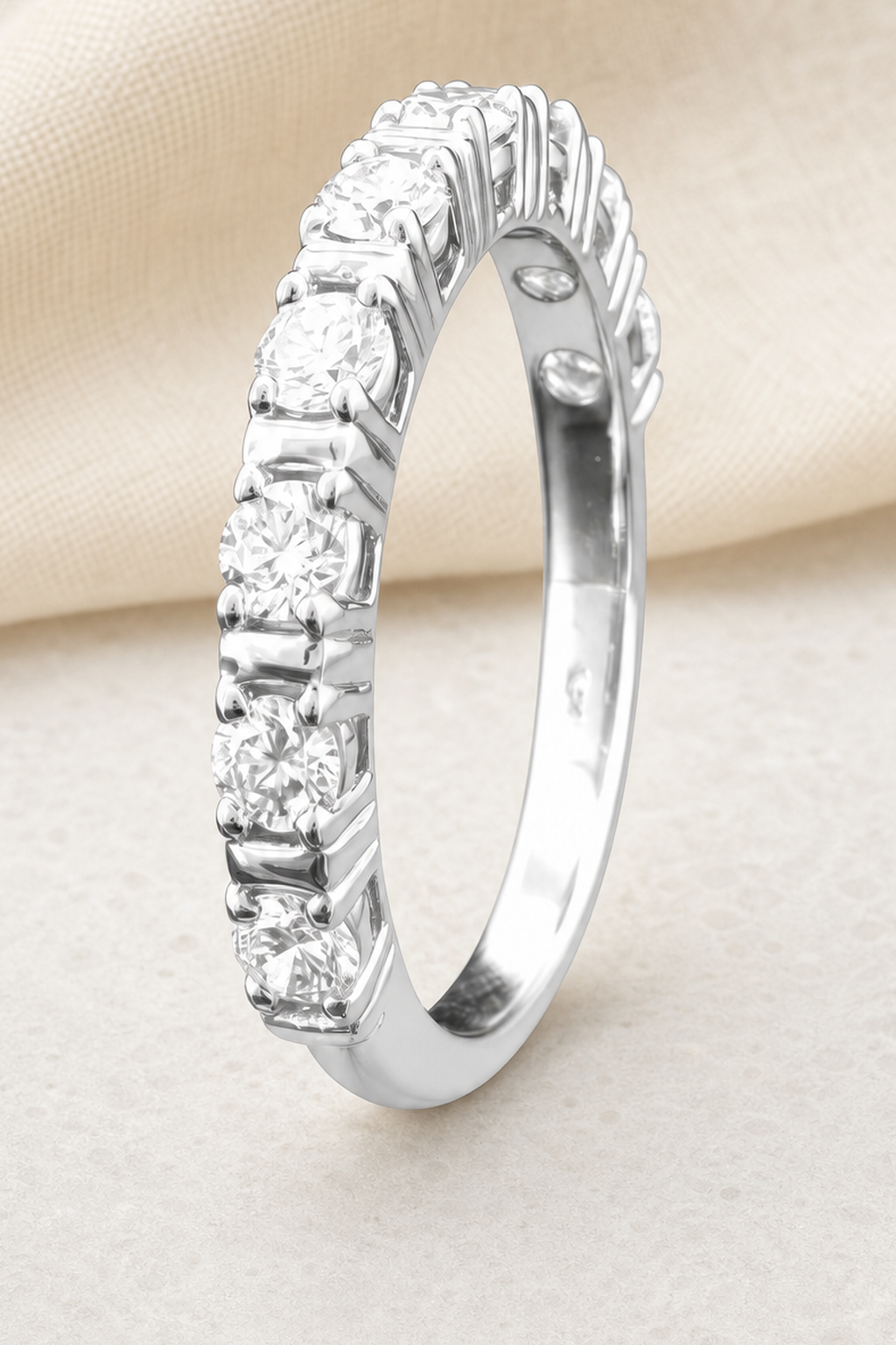 Impimo 0.9 CT Lab-Grown Diamond Round Cut Ring - Prong-Set Eternity Band - 925 Sterling Silver with 18K White Gold Plating | close-up detail of the setting