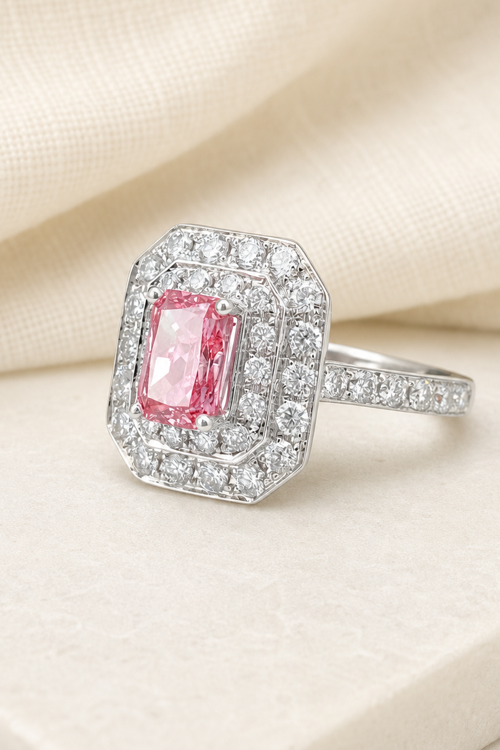 Impimo Fancy Vivid Pink Lab-Grown Diamond Radiant & Heart Cut Ring - 9K White Gold | close-up detail of the setting