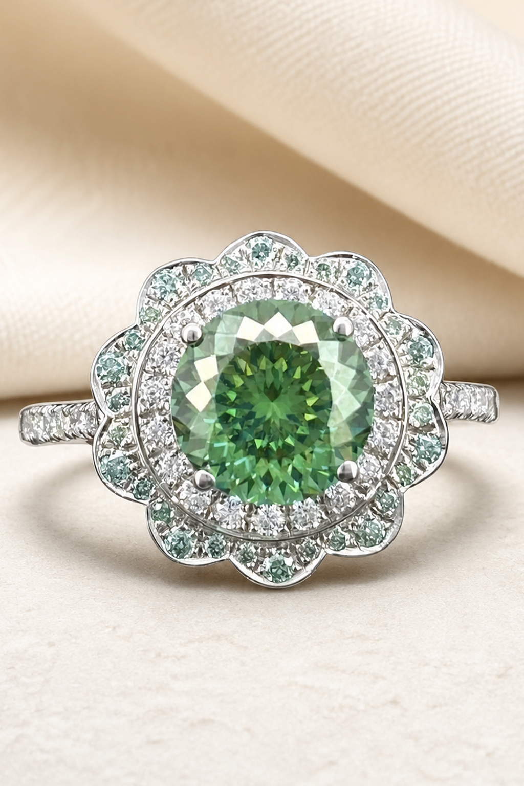Impimo 2.55 CT Fancy Green Moissanite Ring - Flower Halo Design - 925 Sterling Silver with 18K White Gold Plating | close-up detail of the setting