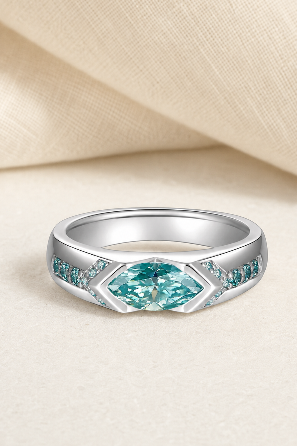 Impimo 2 CT Fancy Green Moissanite Marquise Cut Ring - 925 Sterling Silver with 18K White Gold Plating | close-up detail of the setting