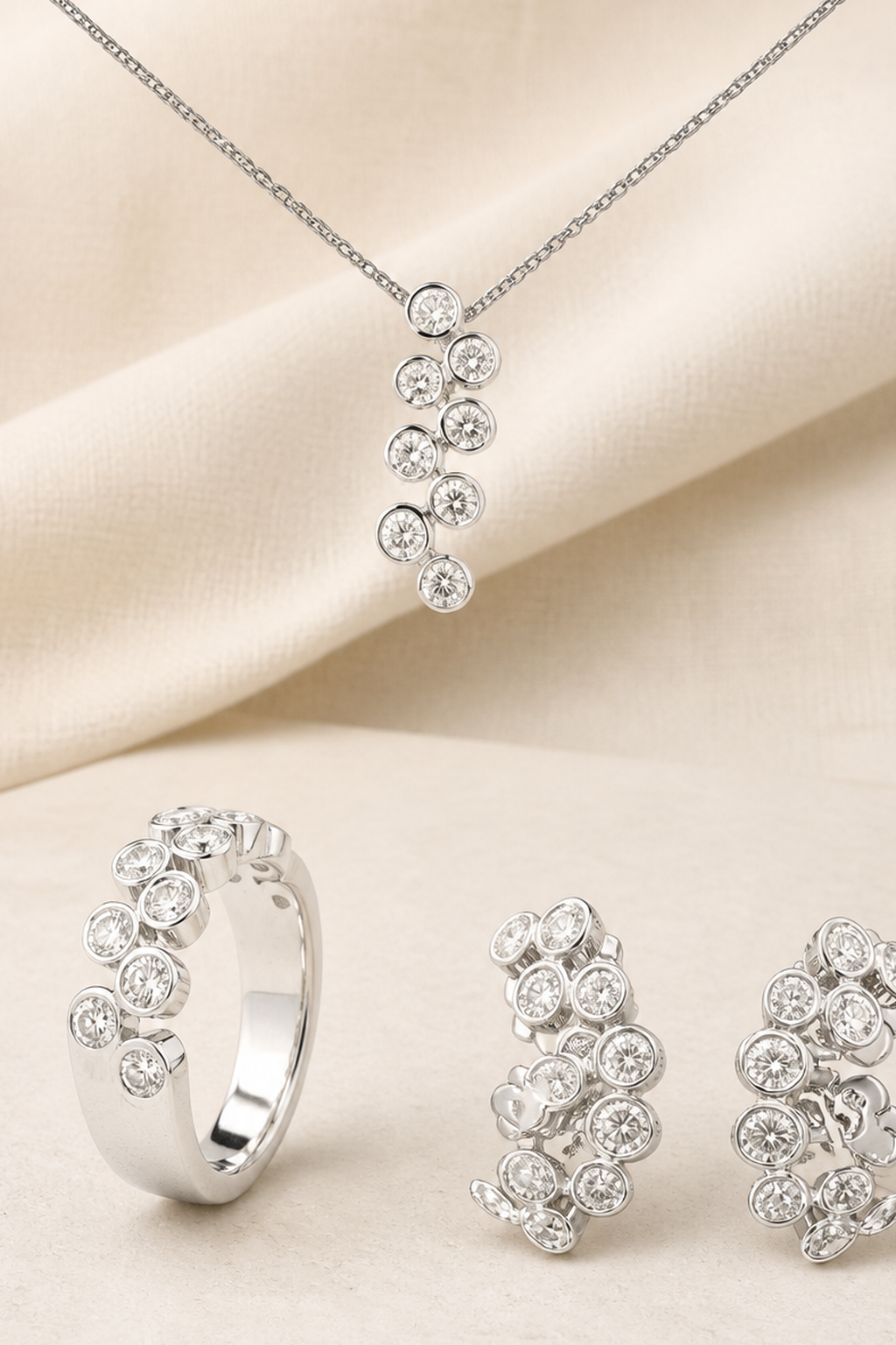 Impimo Lab-Grown Diamond Jewelry Set - Ring & Earrings - Round Cut - 925 Sterling Silver with 18K White Gold Plating | close-up detail of the setting