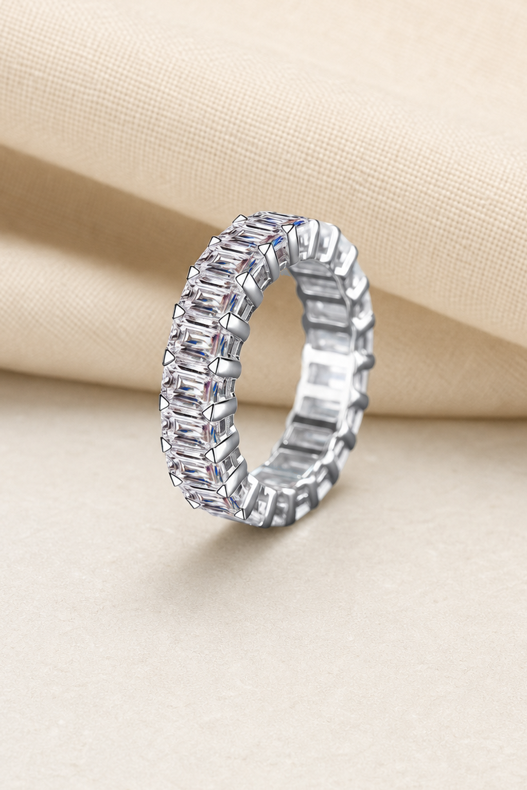 Impimo 10.5 CT Moissanite Emerald Cut Eternity Ring - 925 Sterling Silver with 18K White Gold Plating | close-up detail of the setting