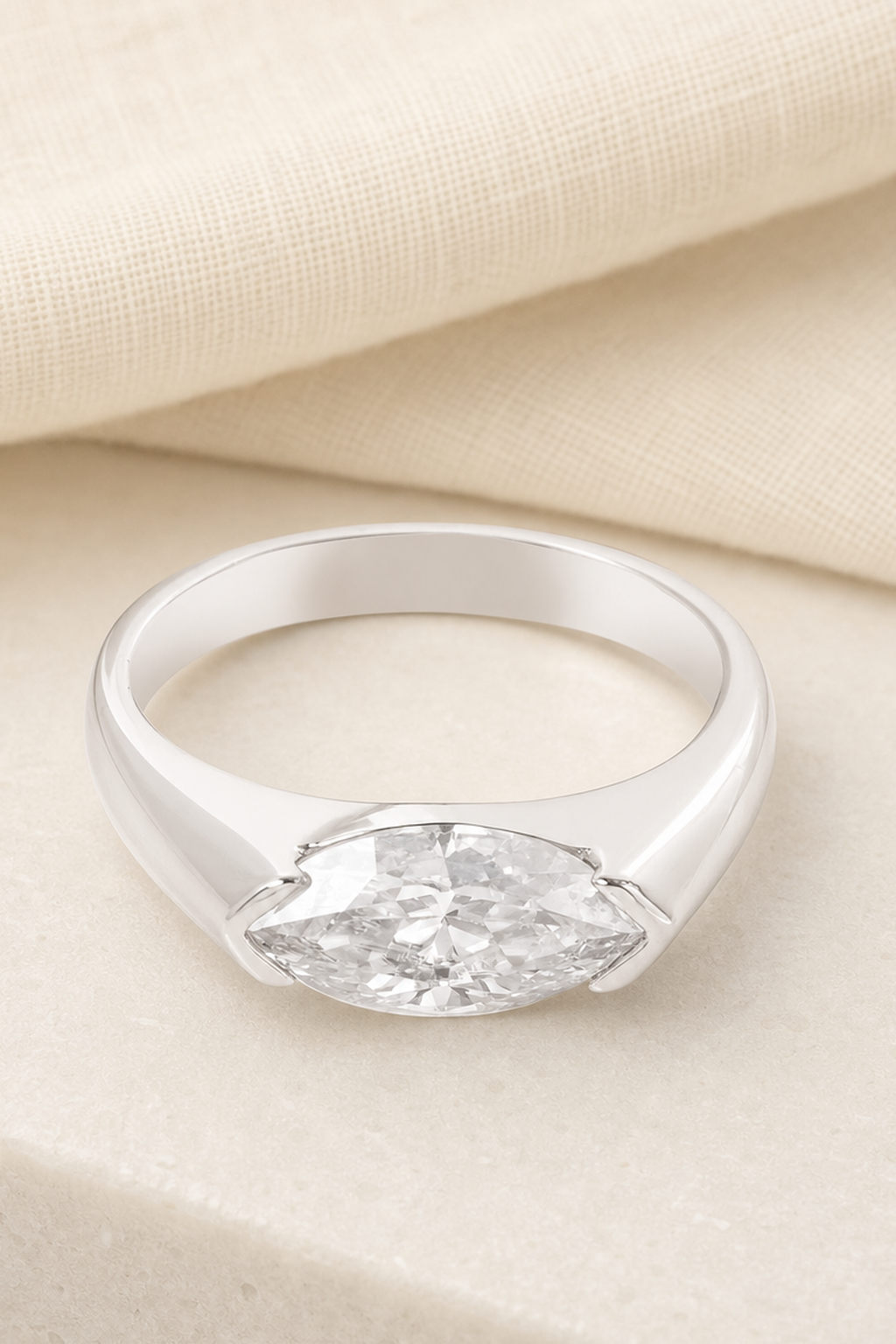 Impimo 1/2 CT Moissanite Marquise Cut Ring - 925 Sterling Silver with 18K White Gold Plating | close-up detail of the setting