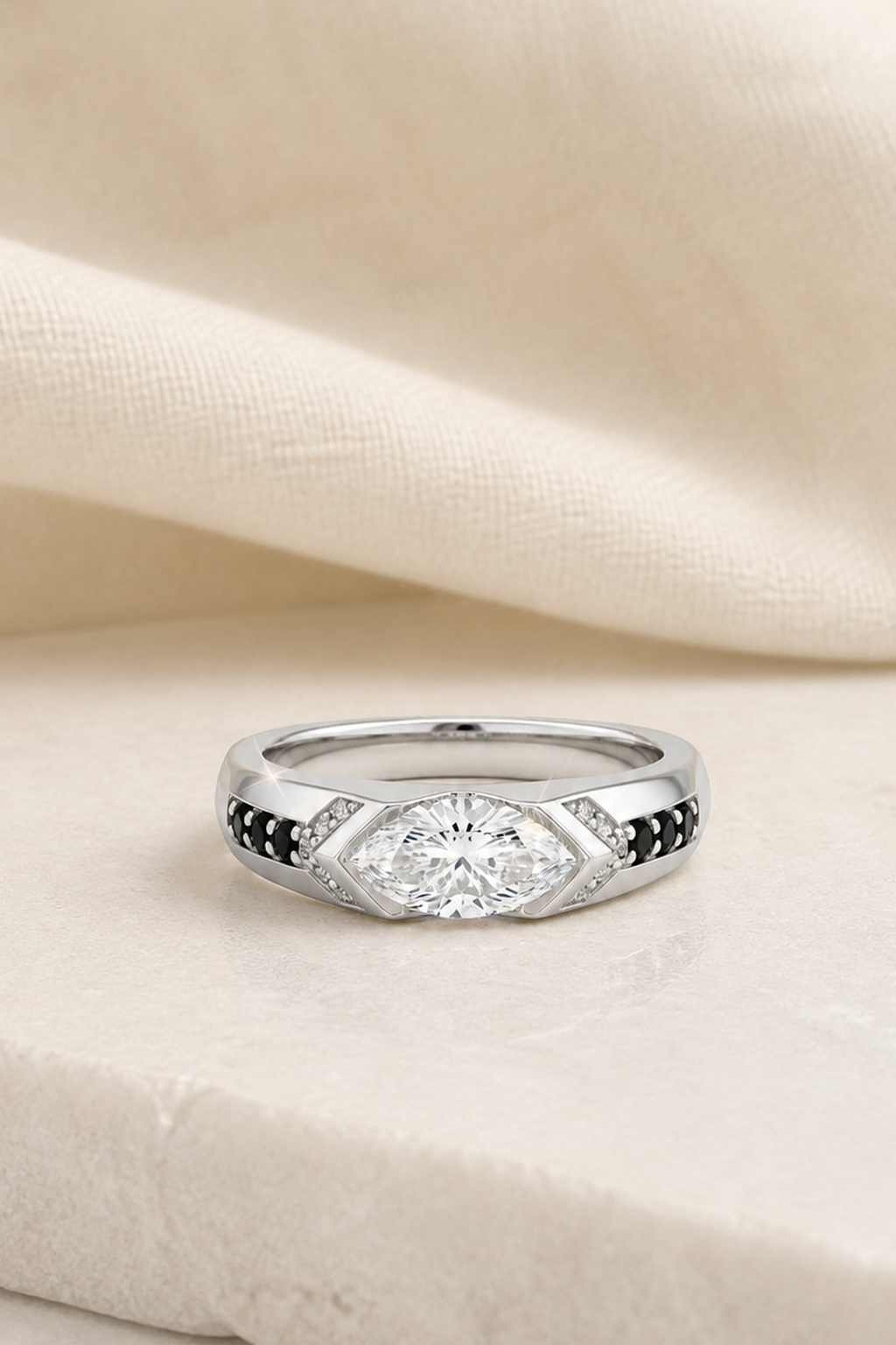 Impimo 1 CT Moissanite Marquise Cut Ring - 925 Sterling Silver with 18K White Gold Plating | close-up detail of the setting