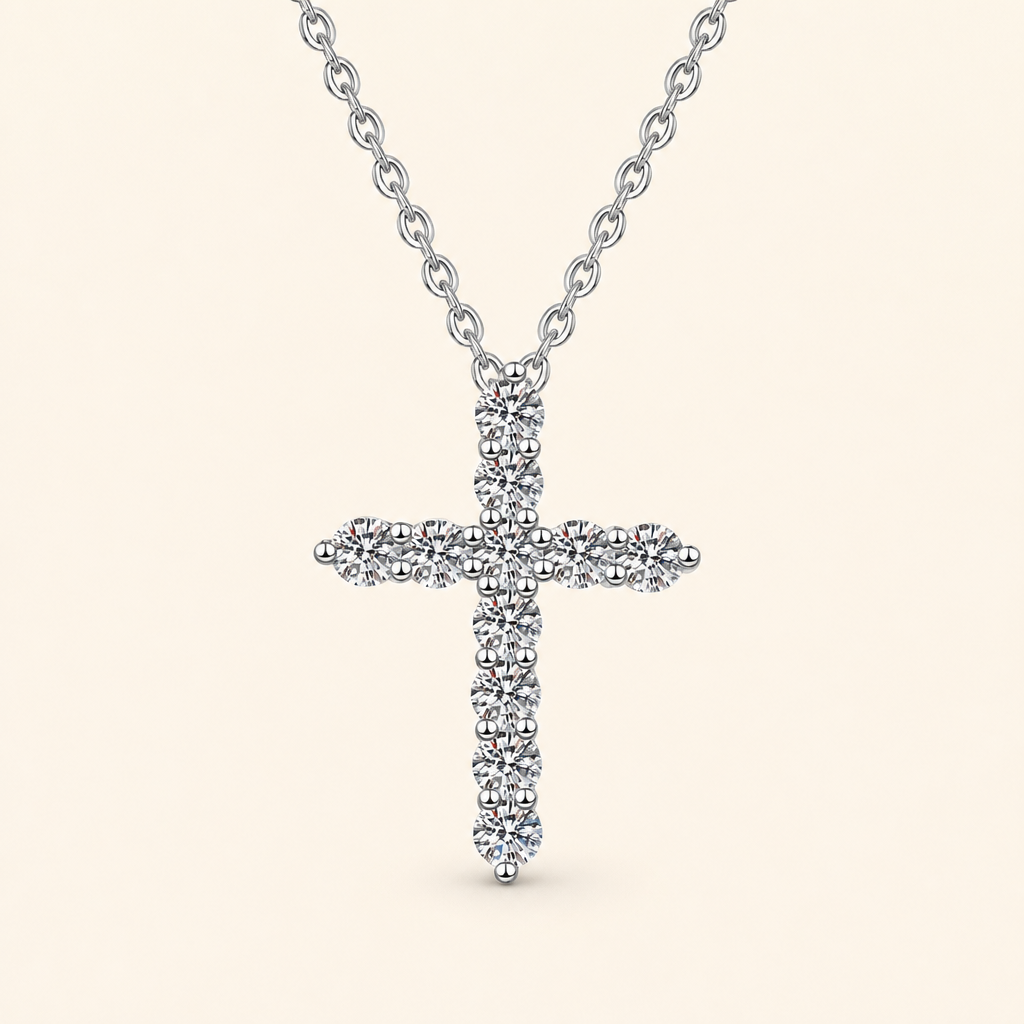 Impimo 1.1/1.6 CT (Total) Moissanite Round Cut Cross Pendant - 925 Sterling Silver with 18K White Gold Plating | packshot on ivory