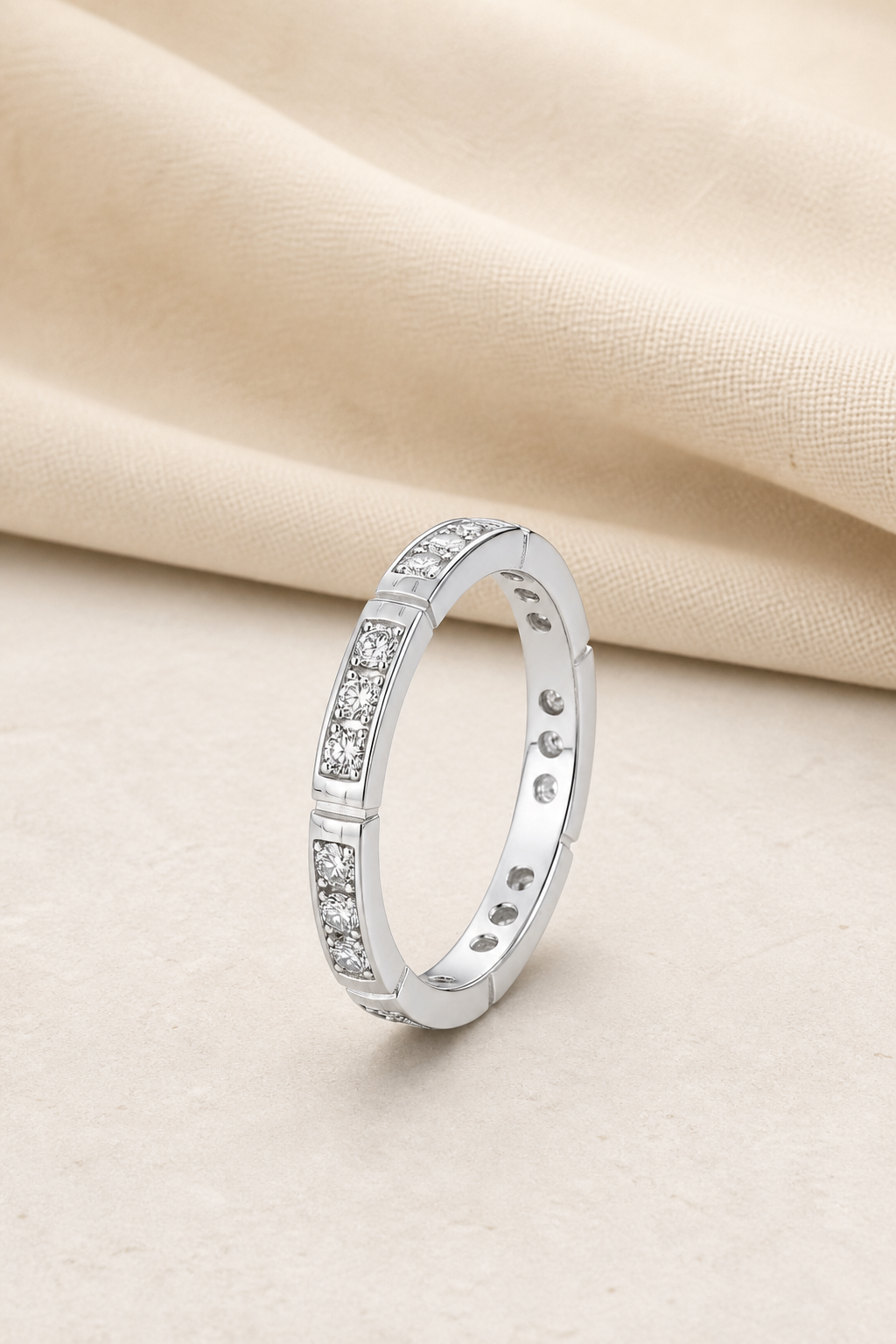 Impimo 0.55 CT Moissanite Round Cut Ring - 925 Sterling Silver with 18K White Gold Plating | display view on ivory linen