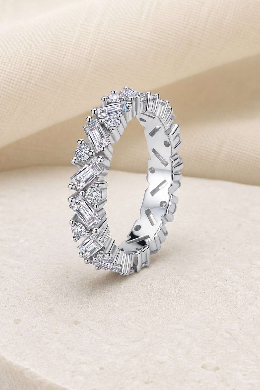 Impimo 2.5 CT Moissanite Emerald & Round Cut Ring - 925 Sterling Silver with 18K White Gold Plating | close-up detail of the setting