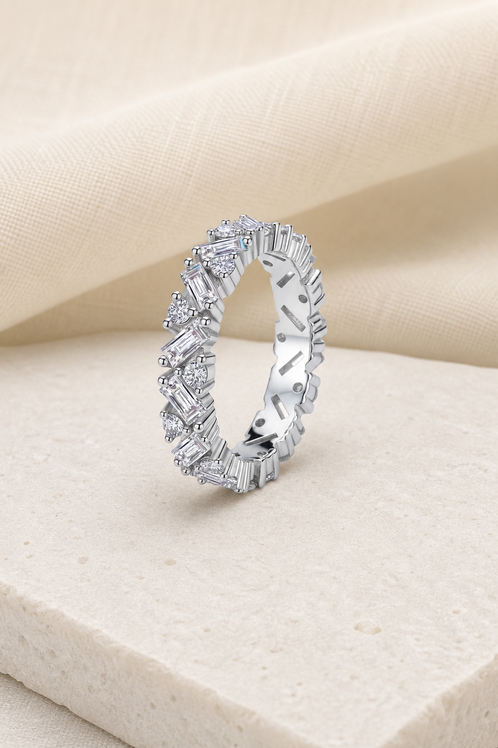 Impimo 2.5 CT Moissanite Emerald & Round Cut Ring - 925 Sterling Silver with 18K White Gold Plating | display view on ivory linen