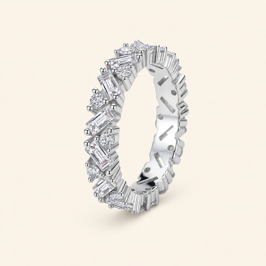 Impimo 2.5 CT Moissanite Emerald & Round Cut Ring - 925 Sterling Silver with 18K White Gold Plating | packshot on ivory