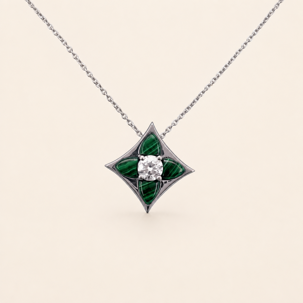 Impimo Natural Malachite & Moissanite Pendant - Four-Point Star - 925 Sterling Silver with 18K White Gold Plating | packshot on ivory