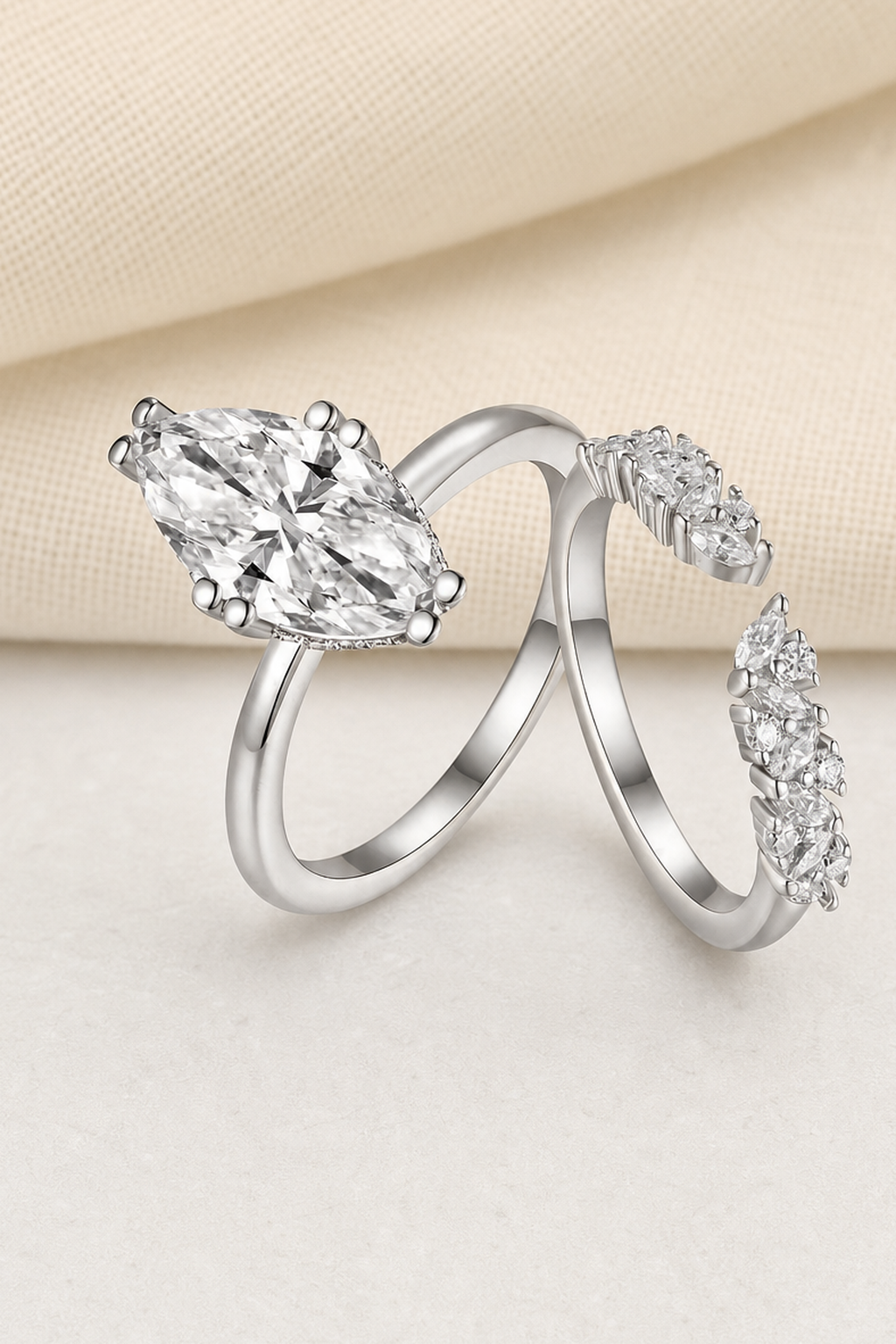 Impimo 3 CT Moissanite Marquise Cut Stacking Ring - 925 Sterling Silver with 18K White Gold Plating | close-up detail of the setting