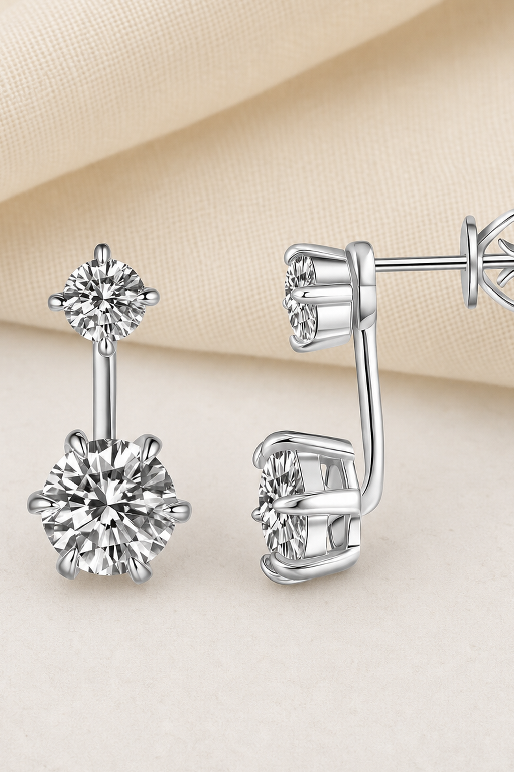 Impimo 2.6 CT (Pair) Moissanite Round Cut Earrings - Two-Stone Drop - 925 Sterling Silver with 18K White Gold Plating | close-up detail of the setting