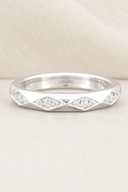 Impimo 0.35 CT Moissanite Round Eternity Ring - 925 Sterling Silver 18K White Gold | close-up detail of the setting