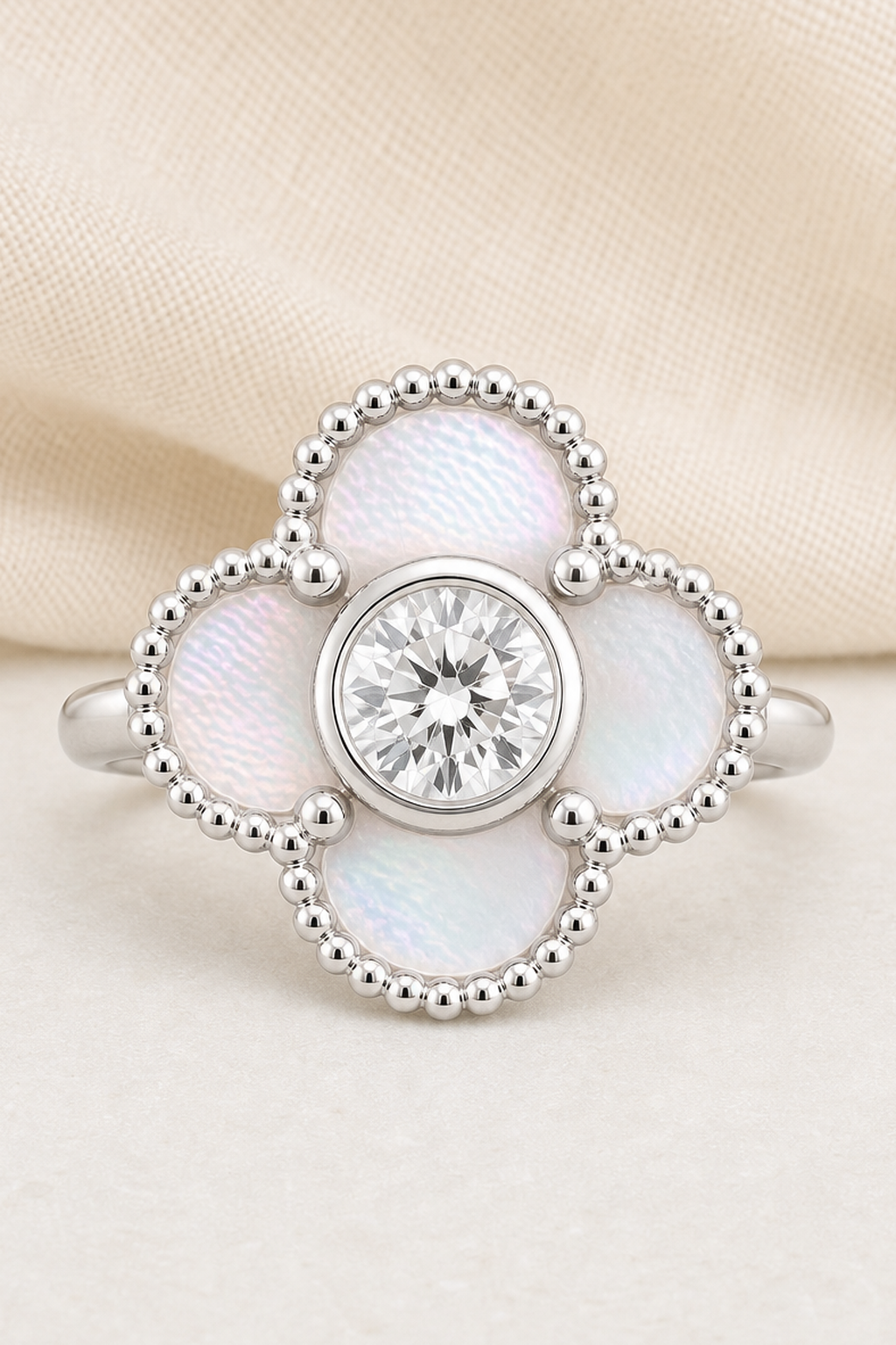 Impimo 0.50 CT Moissanite Floral Ring with Natural Mother-of-Pearl - 925 Sterling Silver 18K White Gold | close-up detail of the setting