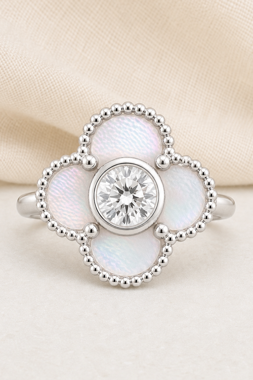Impimo 0.50 CT Moissanite Floral Ring with Natural Mother-of-Pearl - 925 Sterling Silver 18K White Gold | close-up detail of the setting