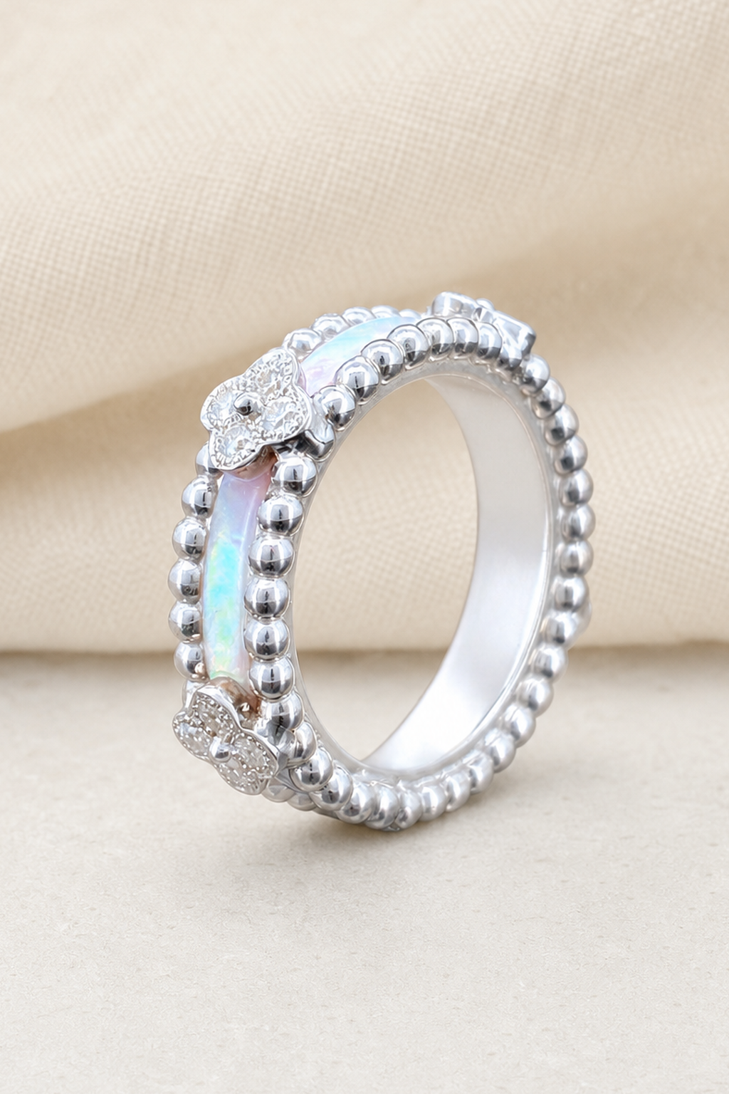 Impimo Natural Mother of Pearl & Moissanite Vintage Bead Band Ring - 925 Sterling Silver with 18K White Gold Plating | close-up detail of the setting