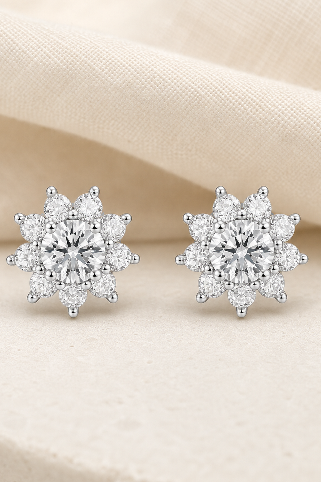 Impimo 1/2 CT (Total) Moissanite Round Cut Earrings - 925 Sterling Silver with 18K White Gold Plating | close-up detail of the setting