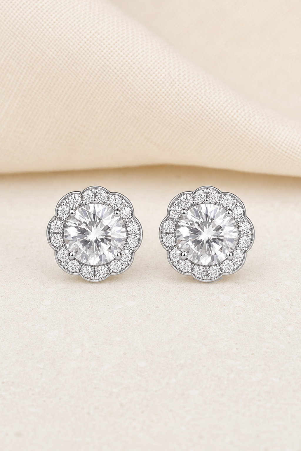 Impimo 2.3 CT (Total) Moissanite Round Cut Earrings - 925 Sterling Silver with 18K White Gold Plating | close-up detail of the setting