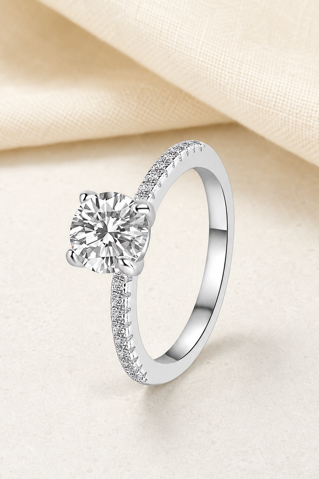 Impimo 0.5/1/2/3/5 CT Moissanite Round Cut Ring - 925 Sterling Silver with 18K White Gold Plating | close-up detail of the setting