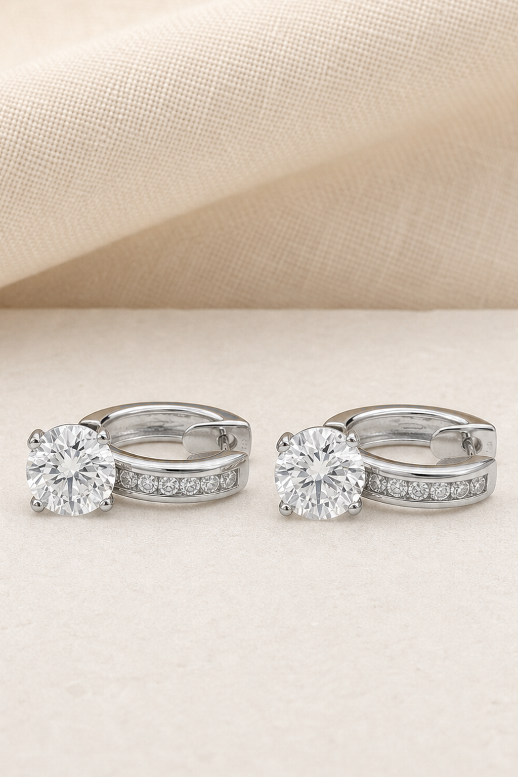 Impimo 4.5 CT (Pair) Moissanite Round Cut Earrings - Pavé Huggie Hoop with Drop - 925 Sterling Silver with 18K White Gold Plating | close-up detail of the setting