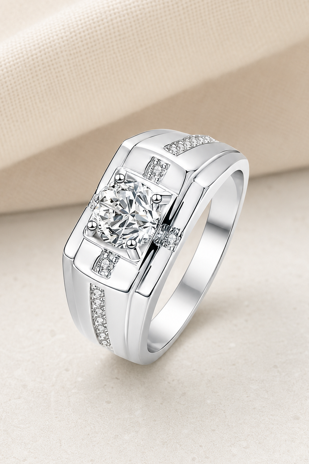 Impimo 1/2 CT Moissanite Round Cut Ring - Cross Accent Band - 925 Sterling Silver with 18K White Gold Plating | close-up detail of the setting