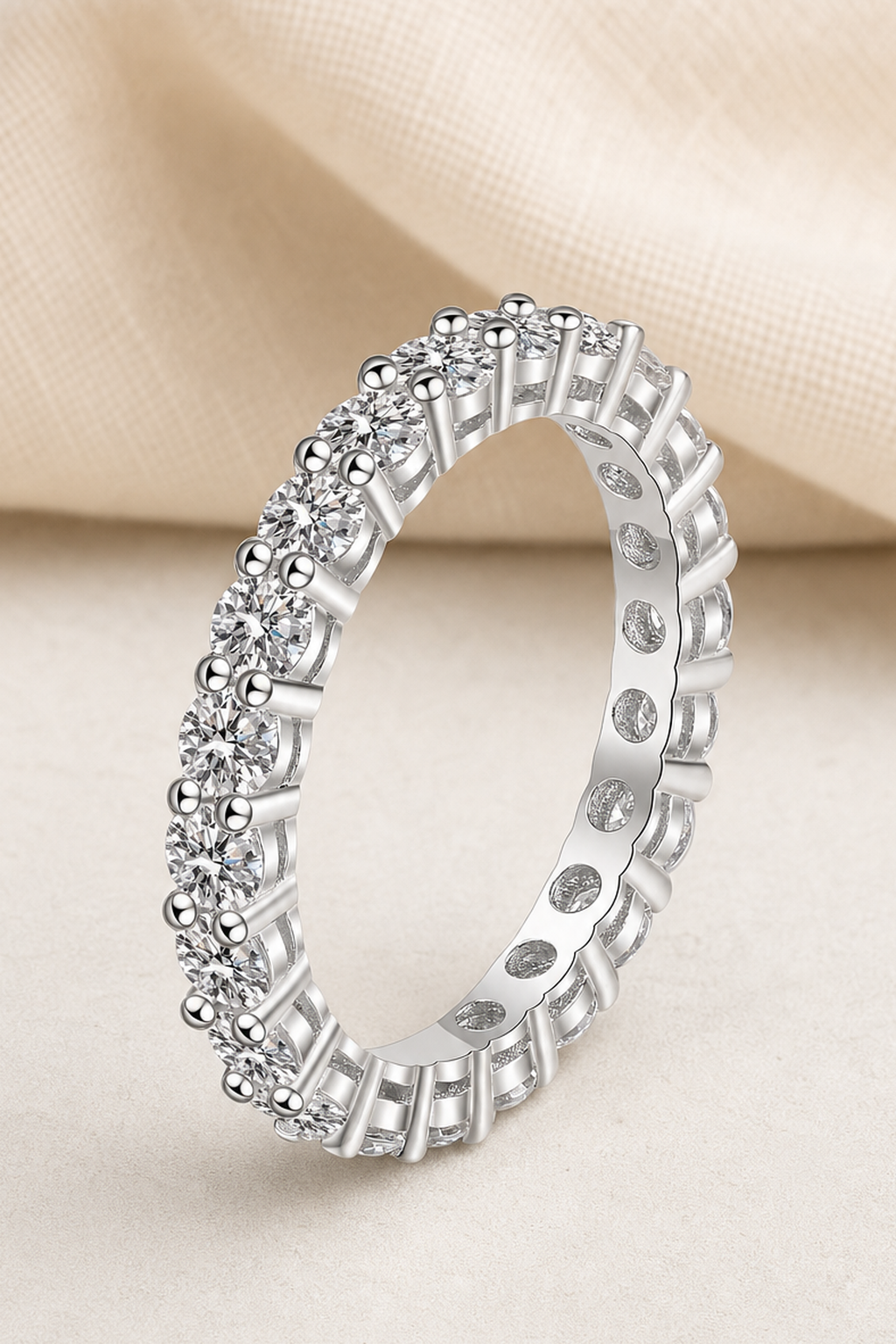 Impimo 2.2 CT (Total) Moissanite Round Cut Eternity Ring - 925 Sterling Silver with 18K White Gold Plating | close-up detail of the setting