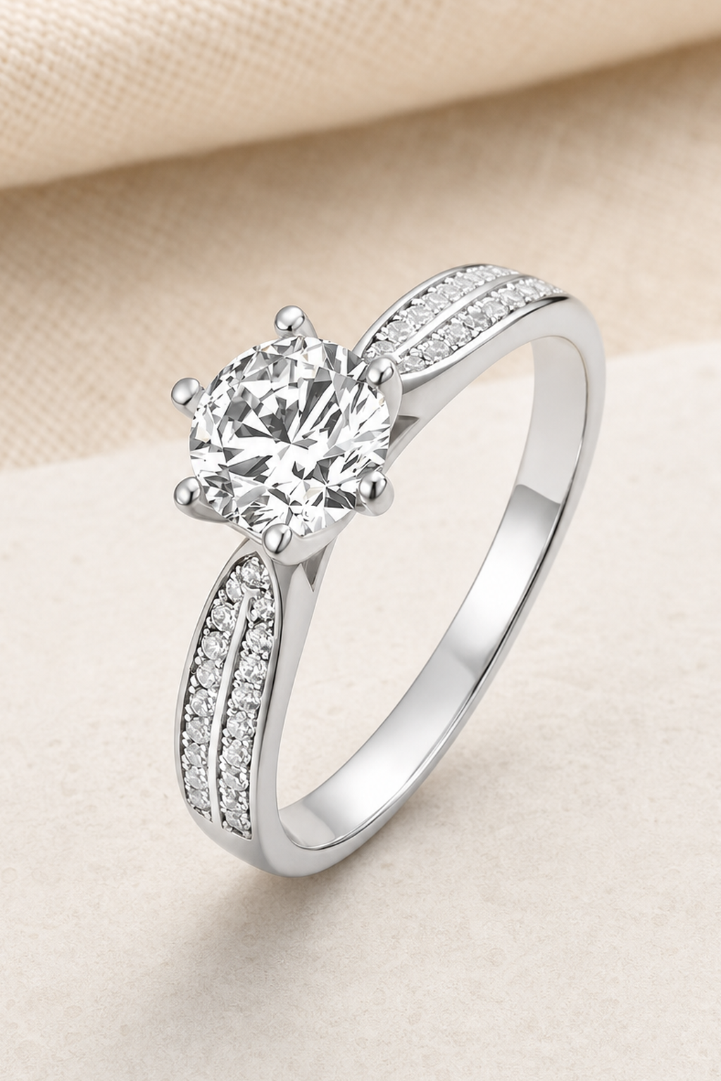Impimo 0.5/1/2/3/5 CT Moissanite Round Cut Ring - 925 Sterling Silver with 18K White Gold Plating | close-up detail of the setting
