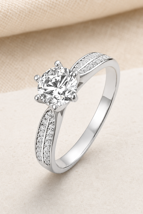 Impimo 0.5/1/2/3/5 CT Moissanite Round Cut Ring - 925 Sterling Silver with 18K White Gold Plating | close-up detail of the setting