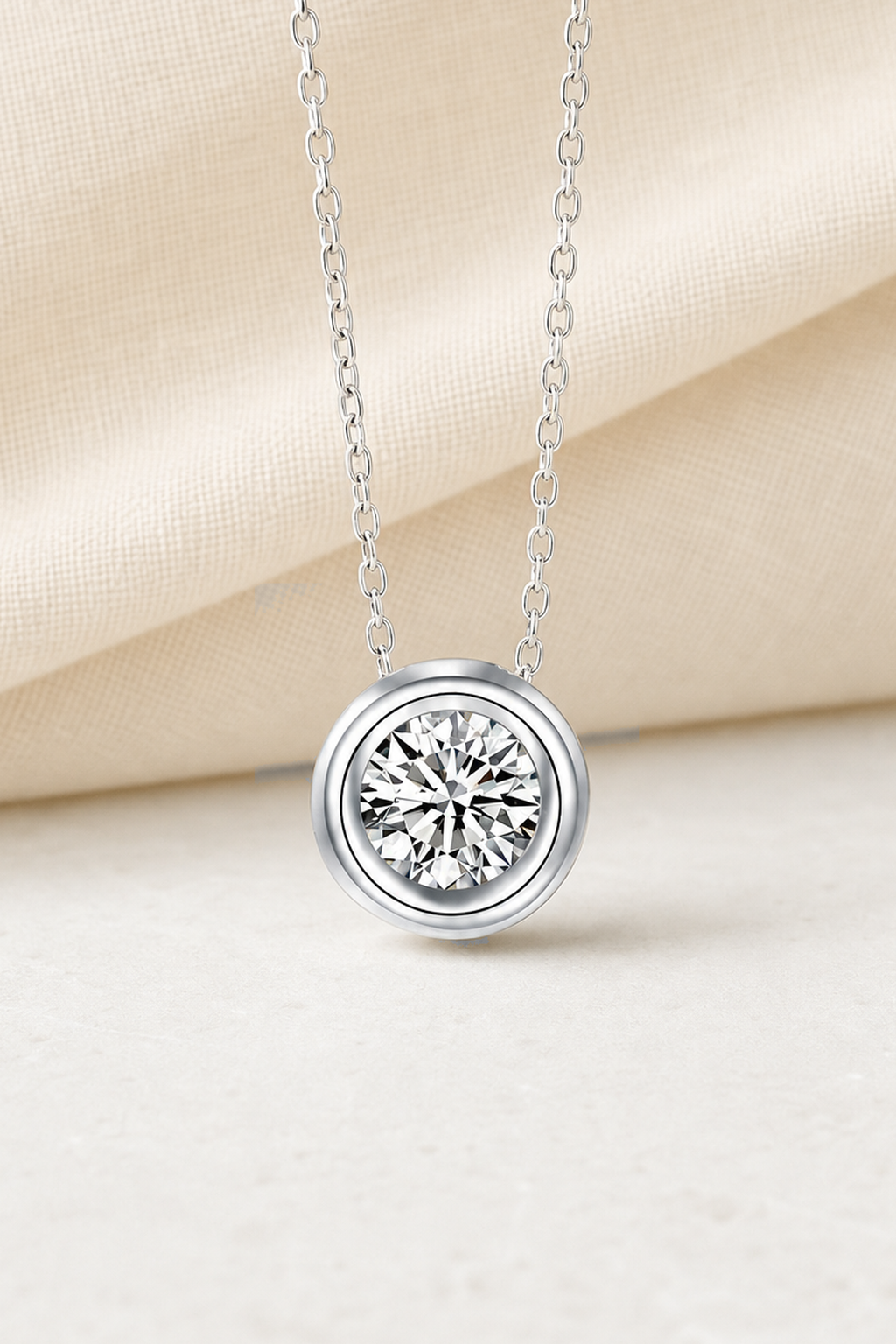 Impimo 1/2 CT Moissanite Round Cut Pendant - 925 Sterling Silver with 18K White Gold Plating | close-up detail of the setting