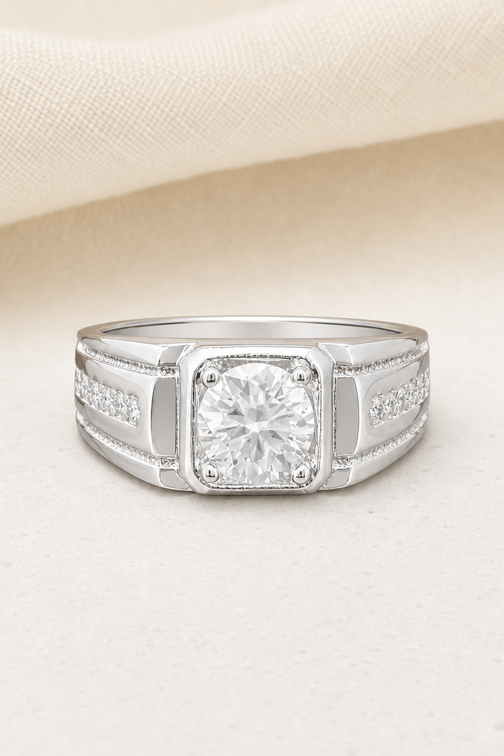 Impimo 1/2 CT Moissanite Round Cut Ring - Square Bezel Channel Band - 925 Sterling Silver with 18K White Gold Plating | close-up detail of the setting