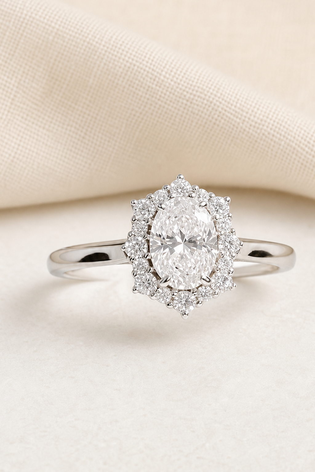 Impimo 1CT Moissanite Oval Cut Ring - 925 Sterling Silver with 18K White Gold Plating | close-up detail of the setting