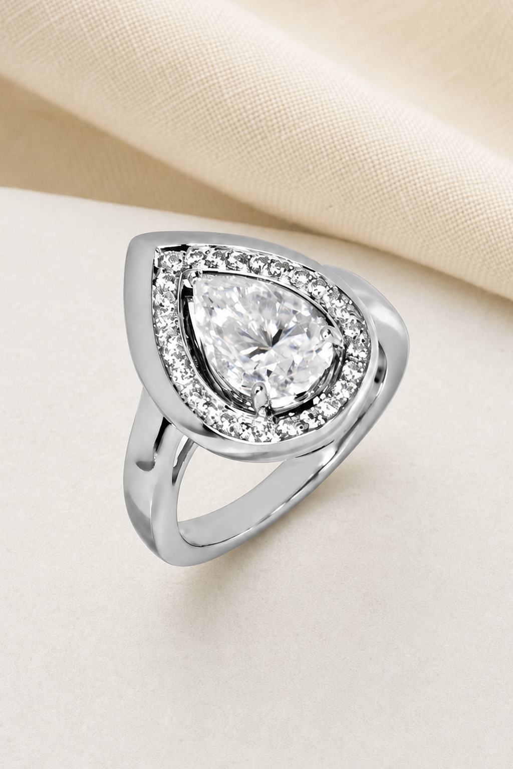Impimo 3 CT Moissanite Pear Cut Ring - 925 Sterling Silver with 18K White Gold Plating | close-up detail of the setting