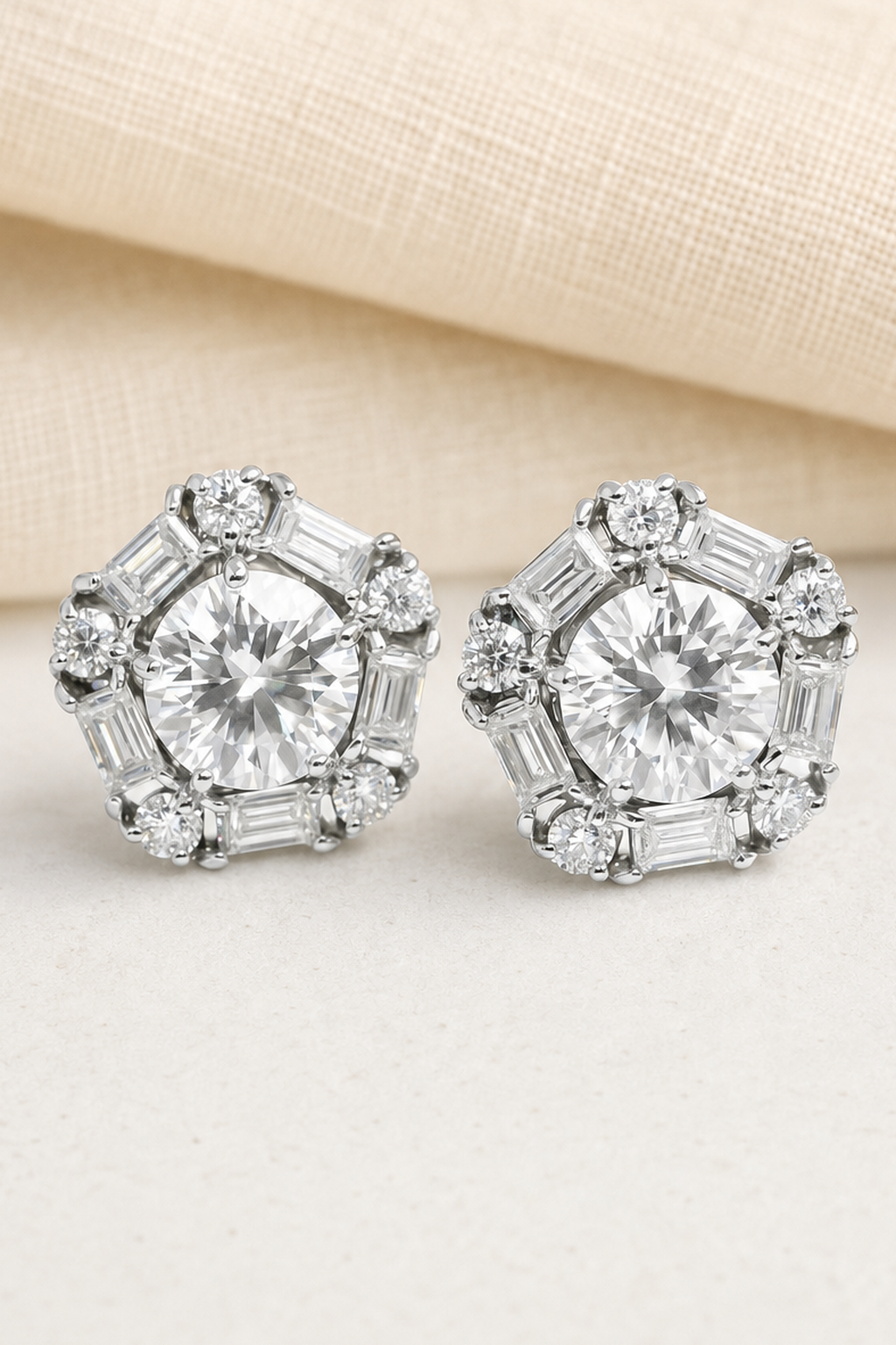 Impimo Moissanite Round Cut Earrings - 925 Sterling Silver with 18K White Gold Plating | close-up detail of the setting