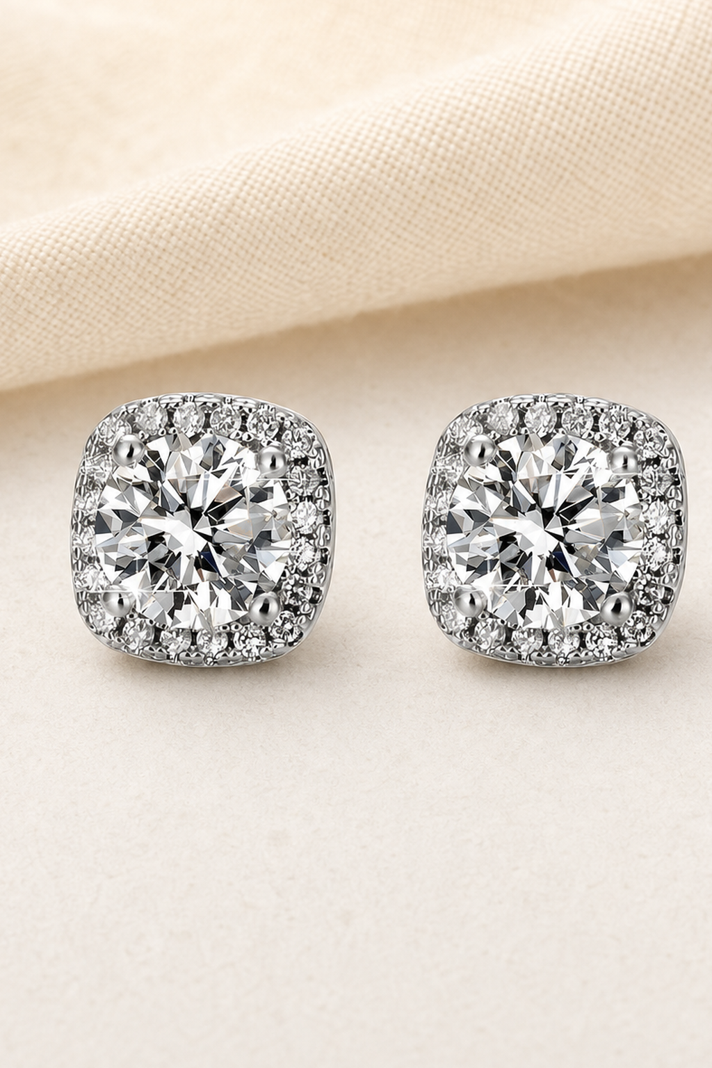 Impimo 1/2 CT (Pair) Moissanite Round Cut Earrings - Cushion Halo Stud - 925 Sterling Silver with 18K White Gold Plating | close-up detail of the setting