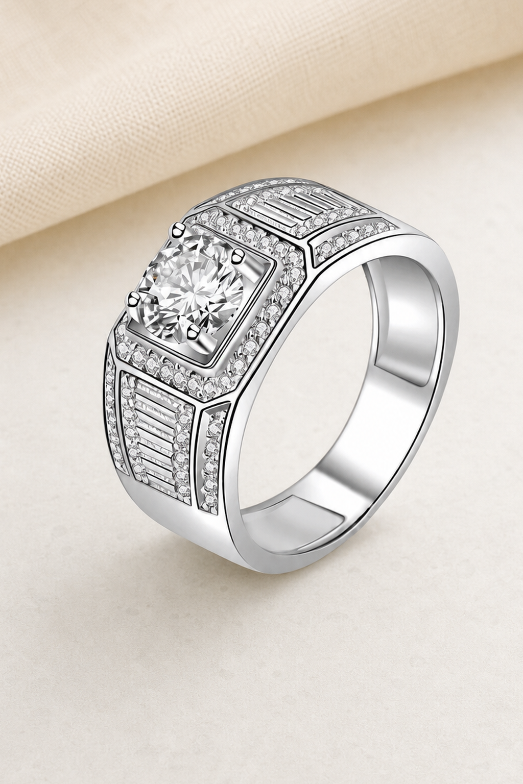 Impimo 1/2 CT Moissanite Round Cut Ring - Baguette Halo Band - 925 Sterling Silver with 18K White Gold Plating | close-up detail of the setting