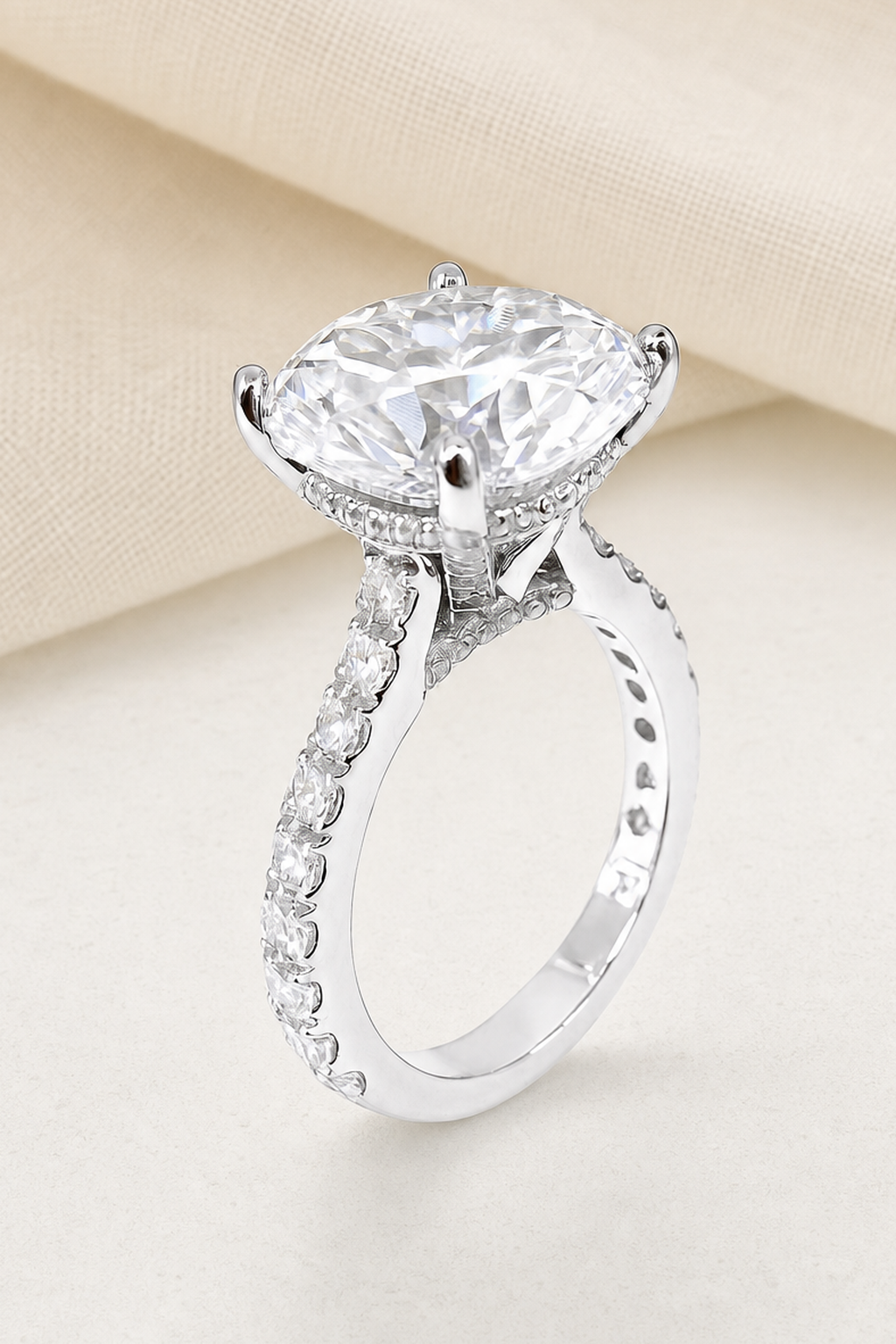 Impimo 10 CT Moissanite Round Cut Ring - Cathedral Pavé Solitaire - 925 Sterling Silver with 18K White Gold Plating | close-up detail of the setting