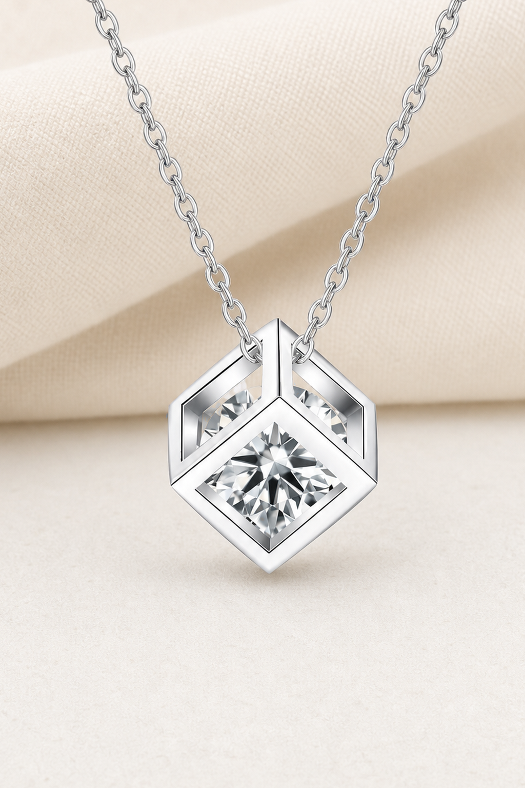 Impimo 1 CT Moissanite Square Cut Pendant - Hexagon & Cube - 925 Sterling Silver with 18K White Gold Plating | close-up detail of the setting