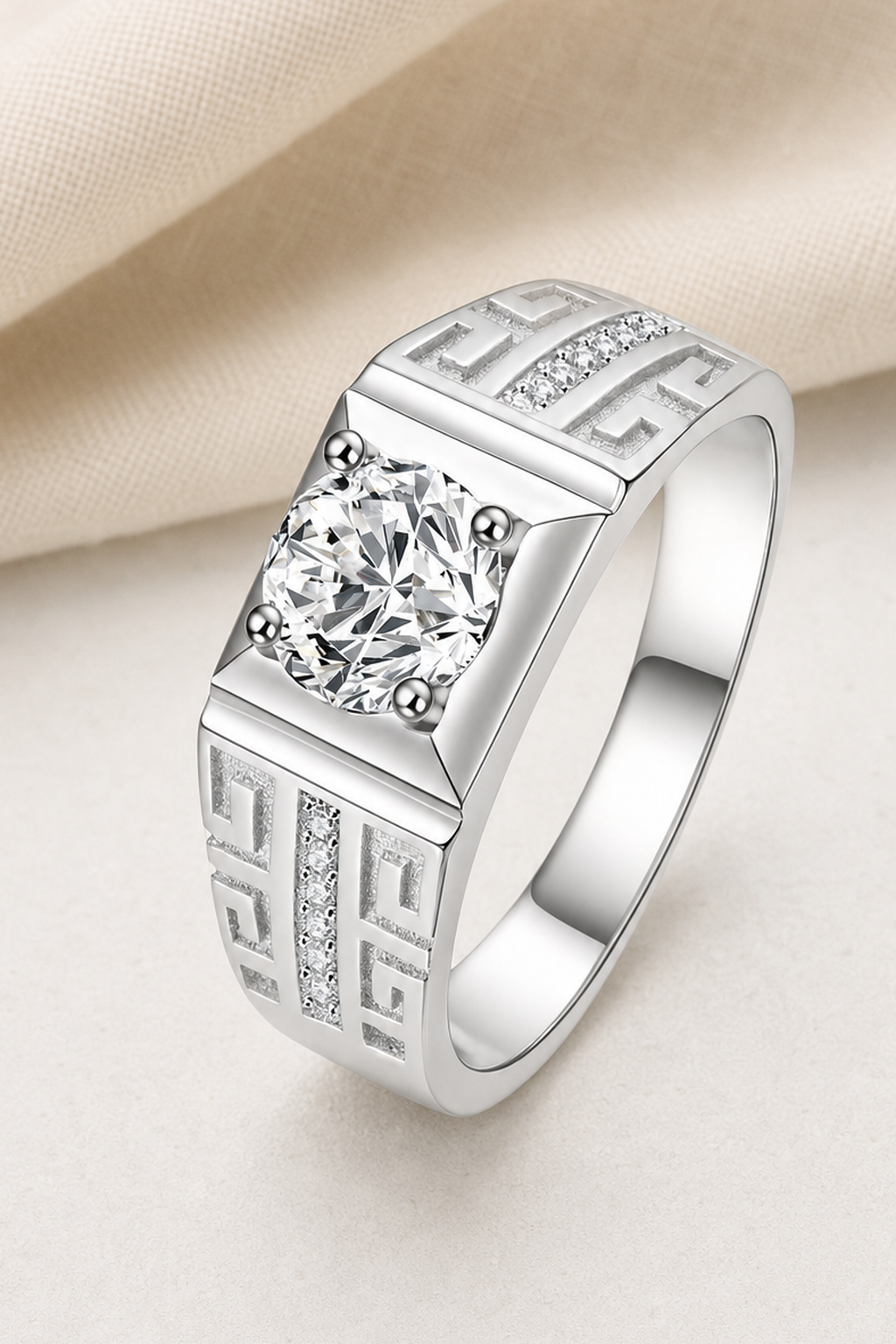 Impimo 1/2 CT Moissanite Round Cut Ring - Greek Key Band - 925 Sterling Silver with 18K White Gold Plating | close-up detail of the setting