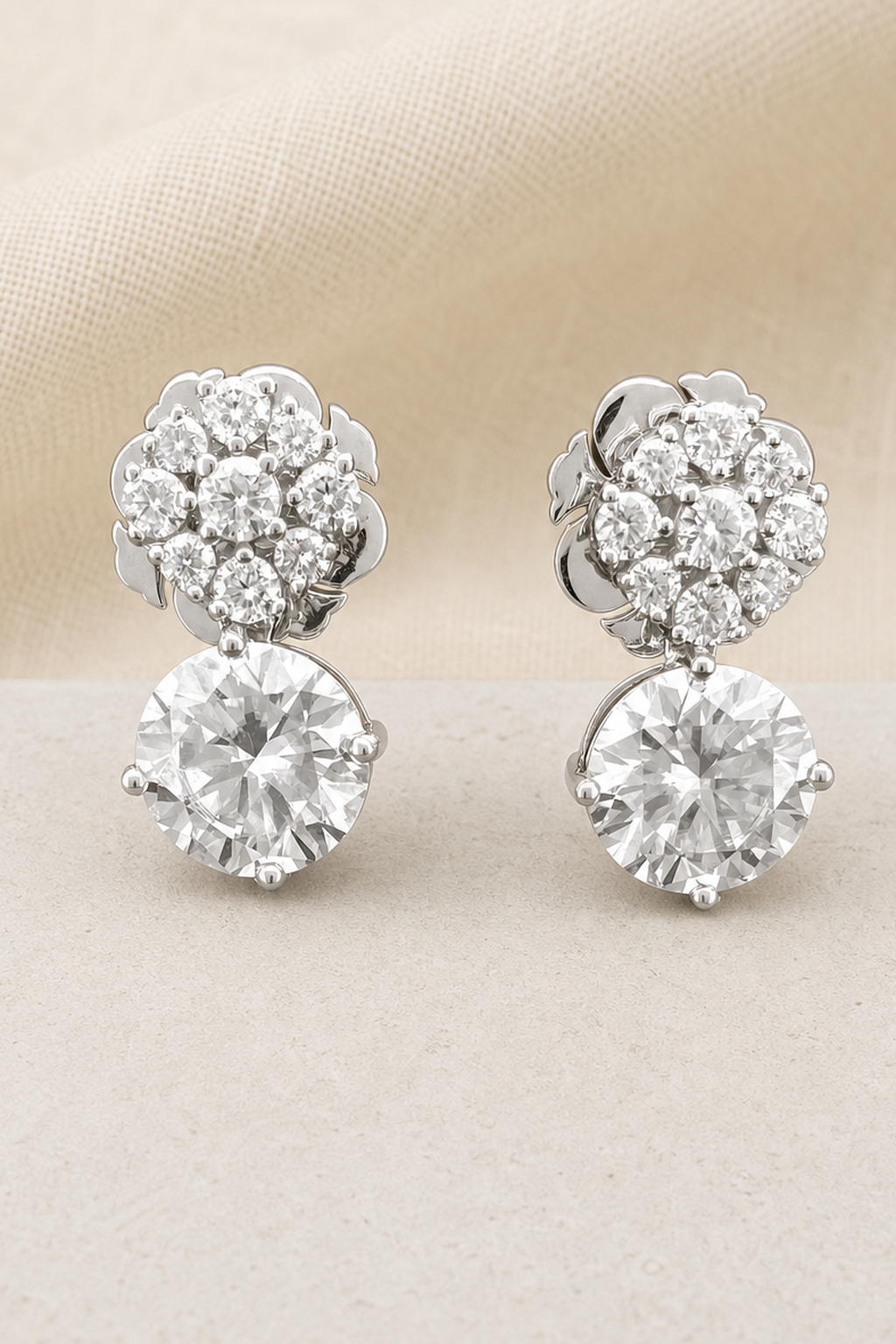 Impimo 7 CT Moissanite Floral Drop Earrings - 925 Sterling Silver 18K White Gold | close-up detail of the setting