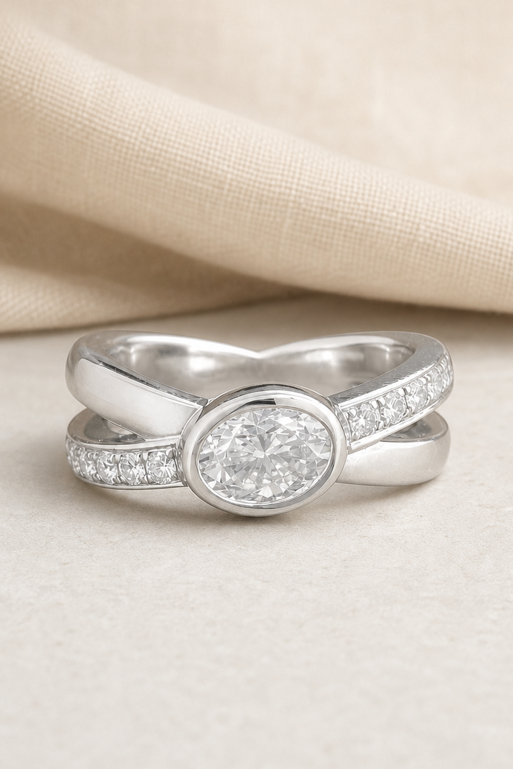 Impimo 1.35 CT Moissanite Ring with Oval Center Stone - 925 Silver 18K White Gold | close-up detail of the setting