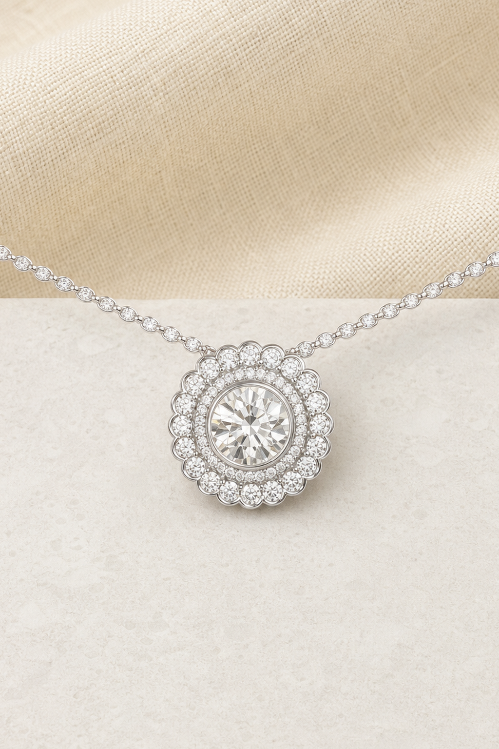Impimo Moissanite Round Cut Pendant 2ct and 0.9ct - 925 Sterling Silver with 18K White Gold Plating | close-up detail of the setting