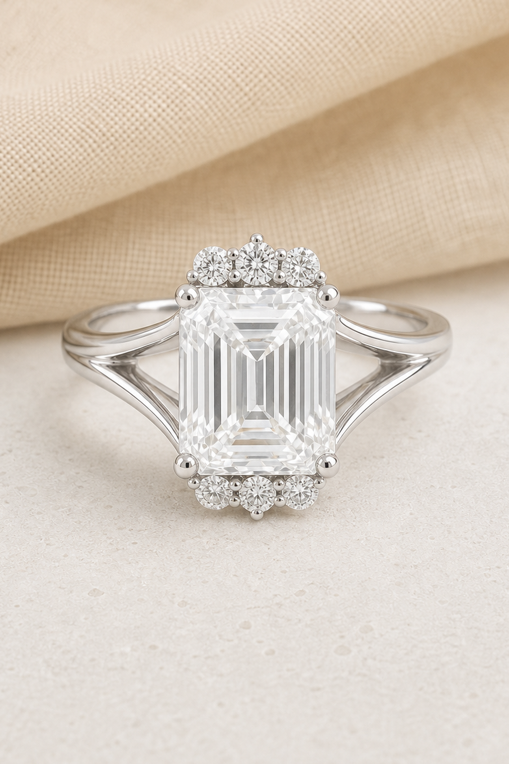 Impimo 3 CT Moissanite Emerald Cut Ring - 925 Sterling Silver with 18K White Gold Plating | close-up detail of the setting