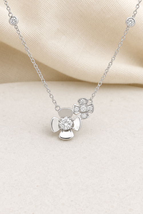 Impimo 0.5 CT Moissanite Dual Floral Necklace - 925 Silver 18K White Gold | close-up detail of the setting