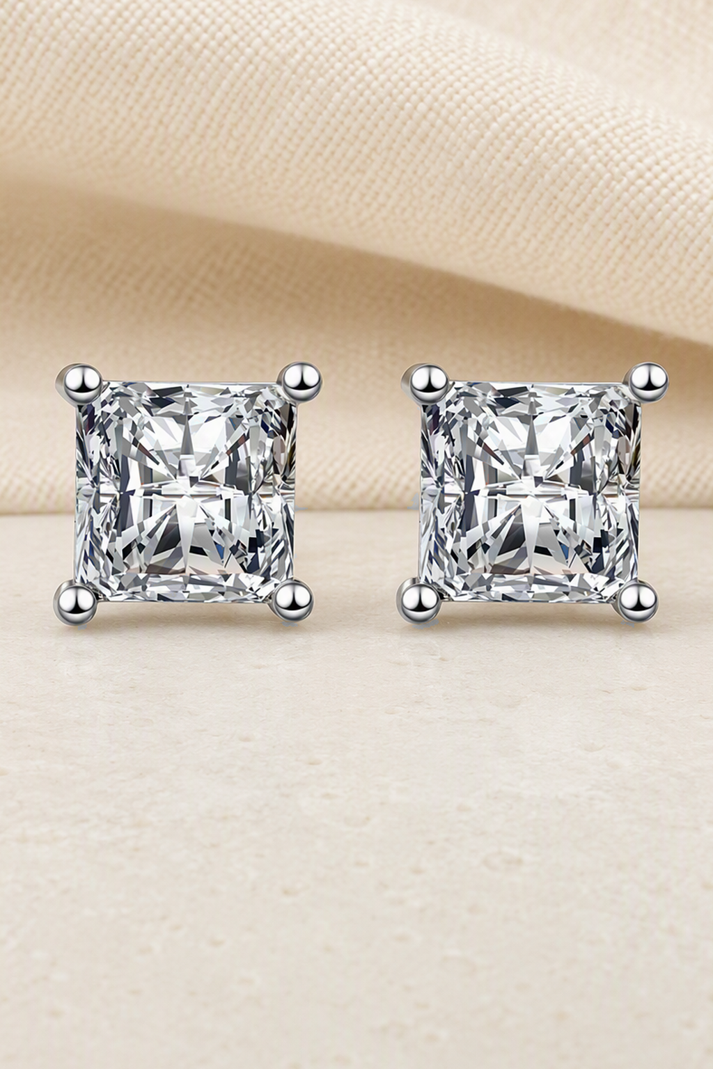 Impimo Moissanite Princess Cut Earrings - 925 Sterling Silver with 18K White Gold Plating | close-up detail of the setting