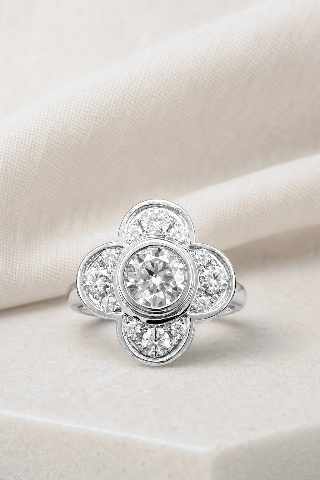 Impimo 1.0 CT Moissanite Floral Ring - 1.6 CT Total - 925 Sterling Silver with 18K White Gold Plating — display view