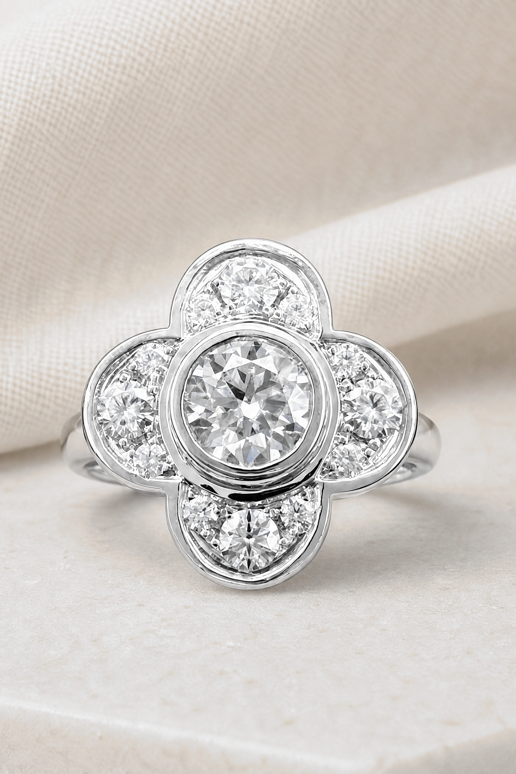 Impimo 1.0 CT Moissanite Floral Ring - 1.6 CT Total - 925 Sterling Silver with 18K White Gold Plating — close detail