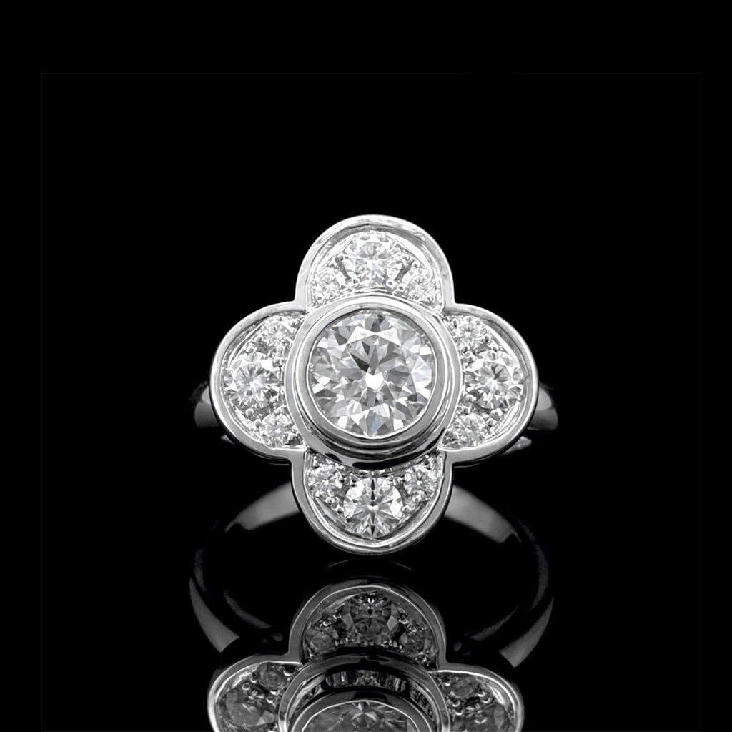 Impimo 1.0 CT moissanite floral ring, 1.6 CT total, 925 sterling silver with 18K white gold plating - the floral cluster head shown front on.