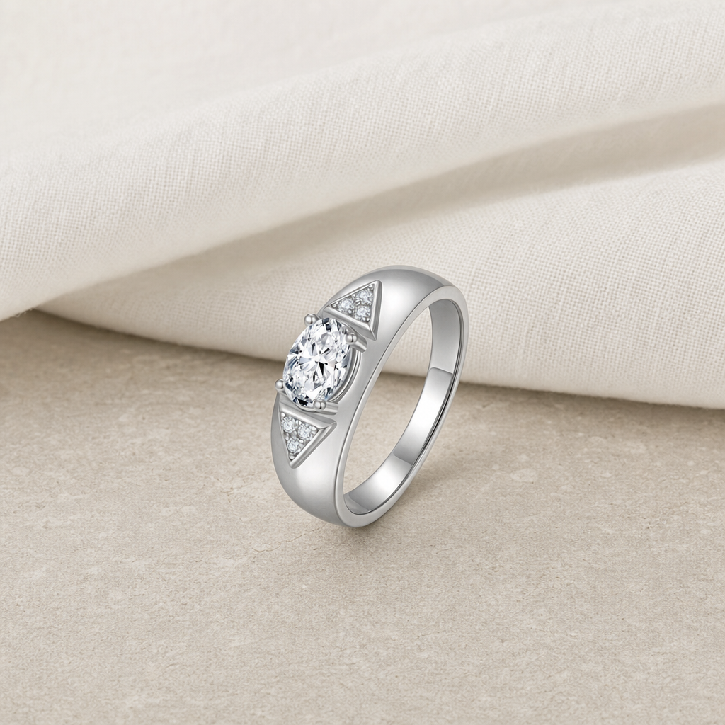 Impimo 1/2 CT Moissanite Oval Cut Ring - 925 Sterling Silver with 18K White Gold Plating | additional view on ivory linen