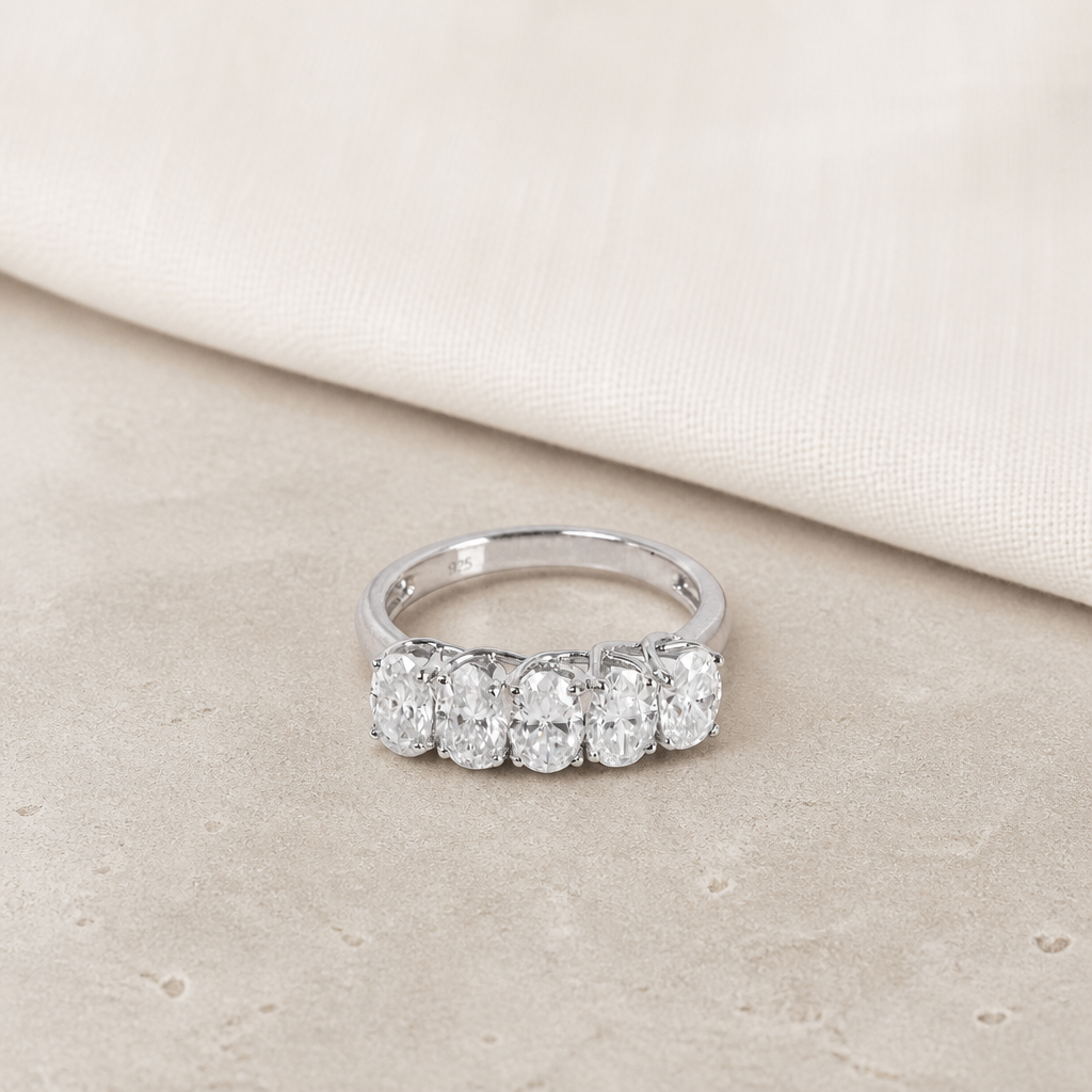 Impimo 2.5 CT (Total) Moissanite Oval Cut Ring - 925 Sterling Silver with 18K White Gold Plating | additional view on linen